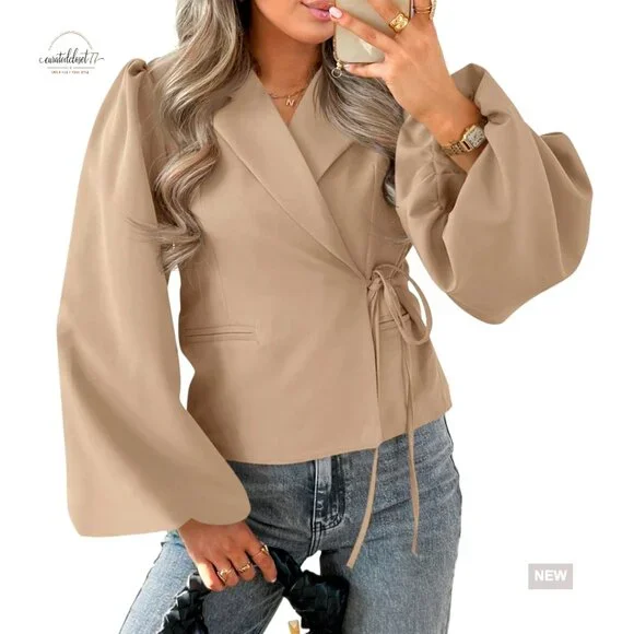 Puff Sleeve Cropped Blazer V Neck Wrap Trench Coat Office Casual - Picture 1 of 7